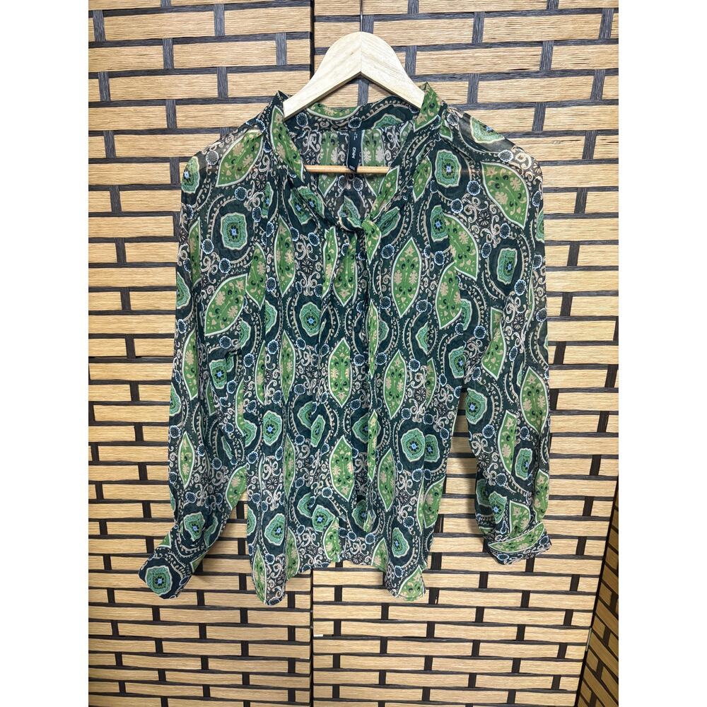 MNG Green And Black Sheer Button Down Tie Neck Blouse Size 6
